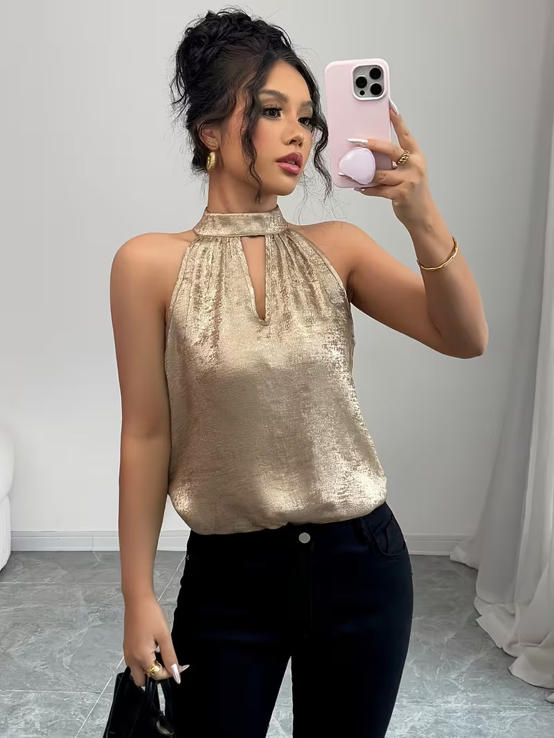 Women's Sexy Champagne Golden Halter Neck Top