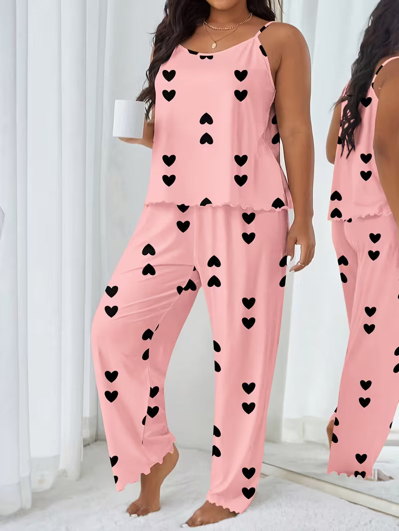Women's Plus Size Sweet Heart Print Camisole Long Pants Set