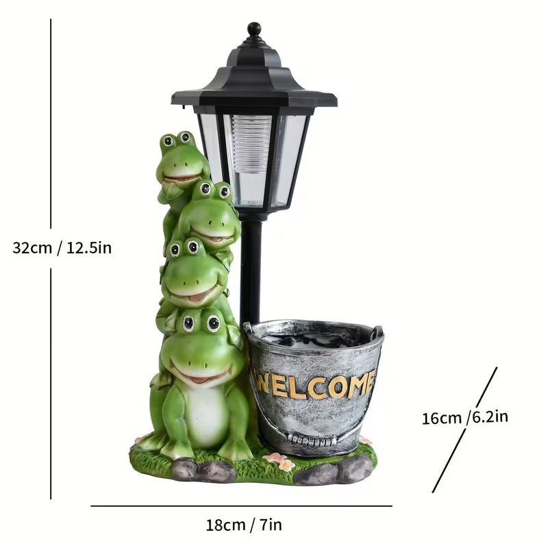 Solar Frog Statue with Flower Pot
