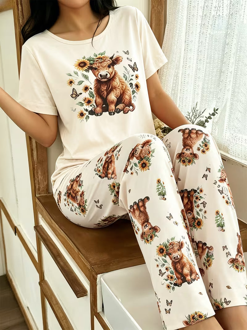 Women's Highland Cow, Sunflower, and Butterfly Print Pyjamas Set