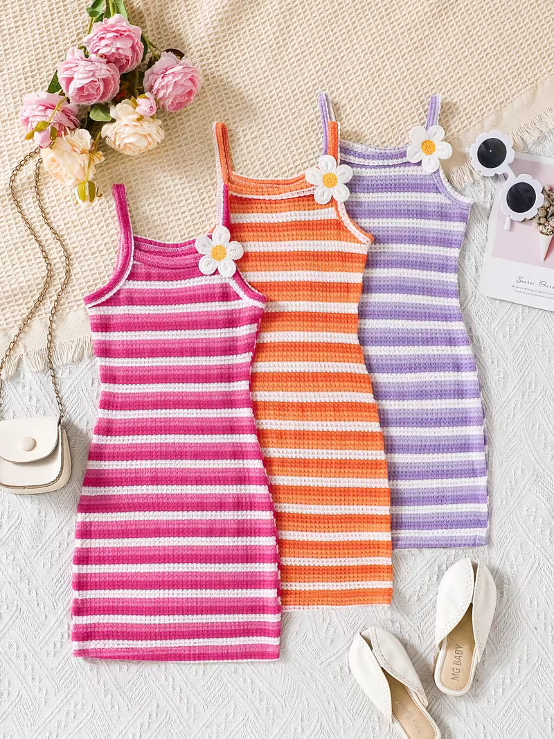 Set of 3 Girls' Casual Gradient Striped Dress with Floral Decoration
