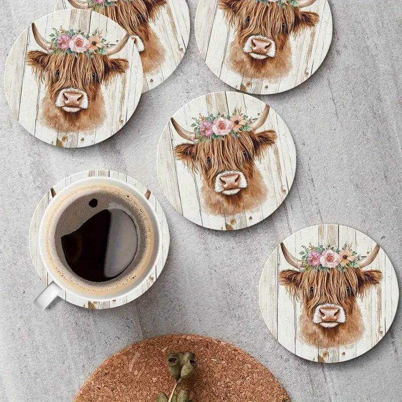 Set of 6 Rustic Highland Cow Coasters