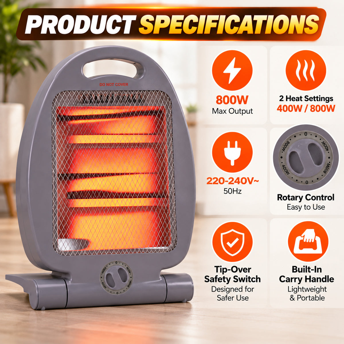 Compact 800W Portable Quartz Heater
