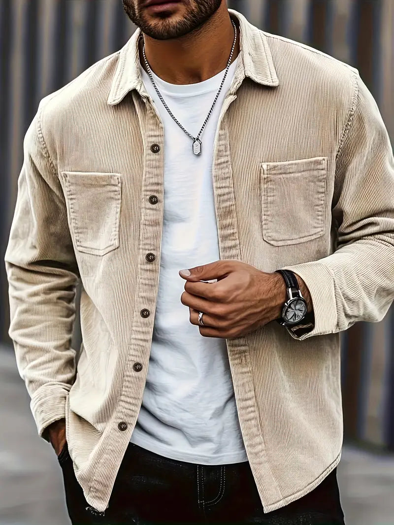 Men's Casual Corduroy Button-Up Shirt with Double Patch Pockets