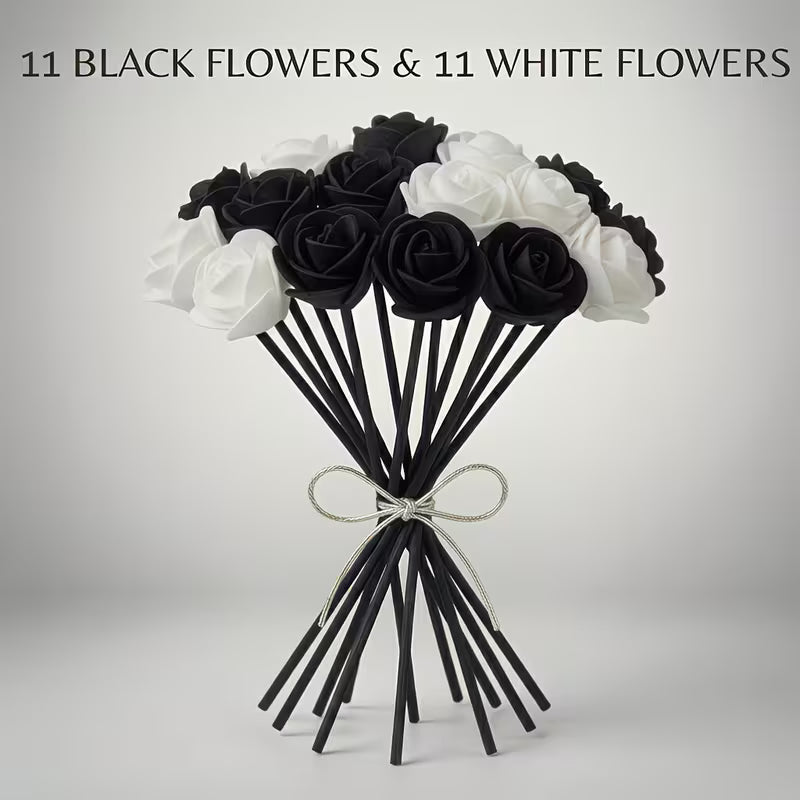 22PC Modern Black & White Rose Flower Reed Diffuser Sticks