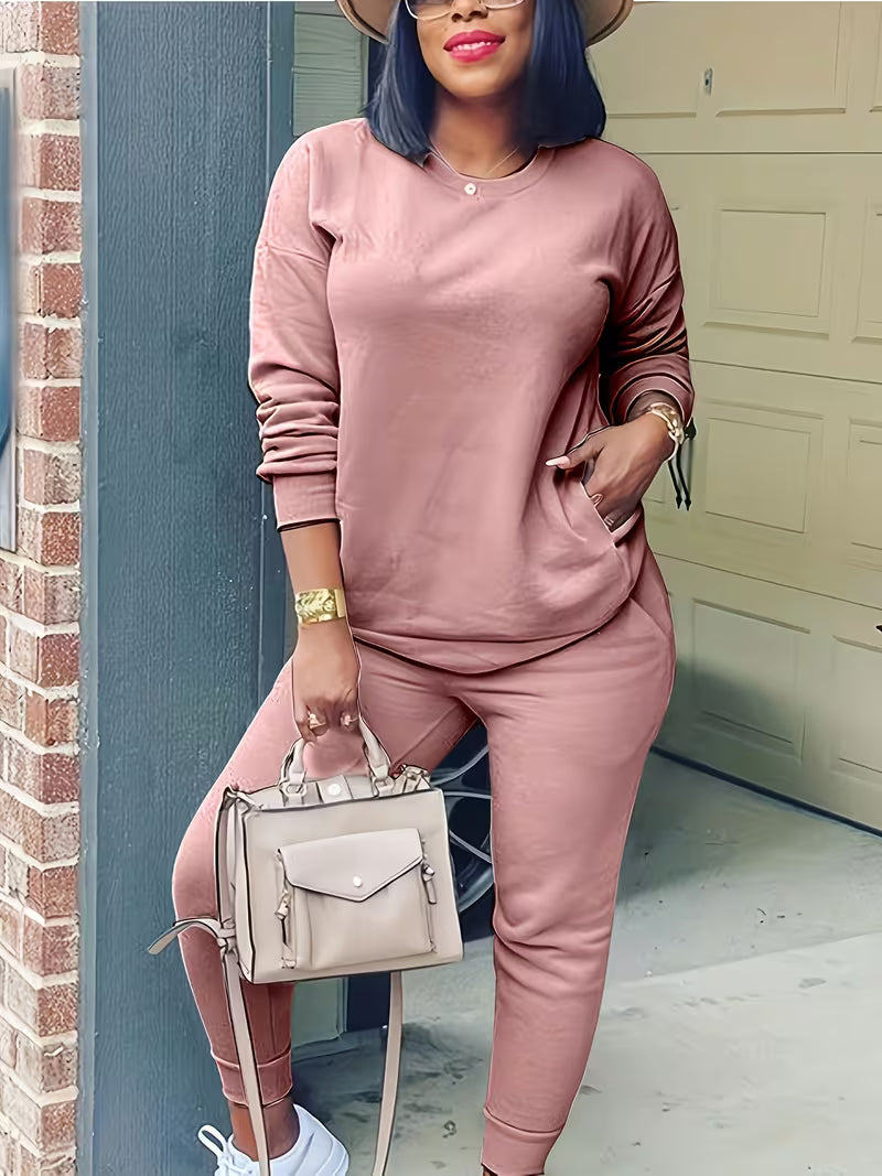 Solid Color Women's Fashion Round Neck Long Sleeve Tracksuit