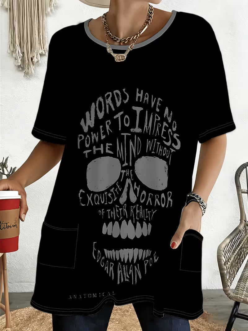 Women's Black Loose-Fit Printed Short-Sleeve T-Shirt