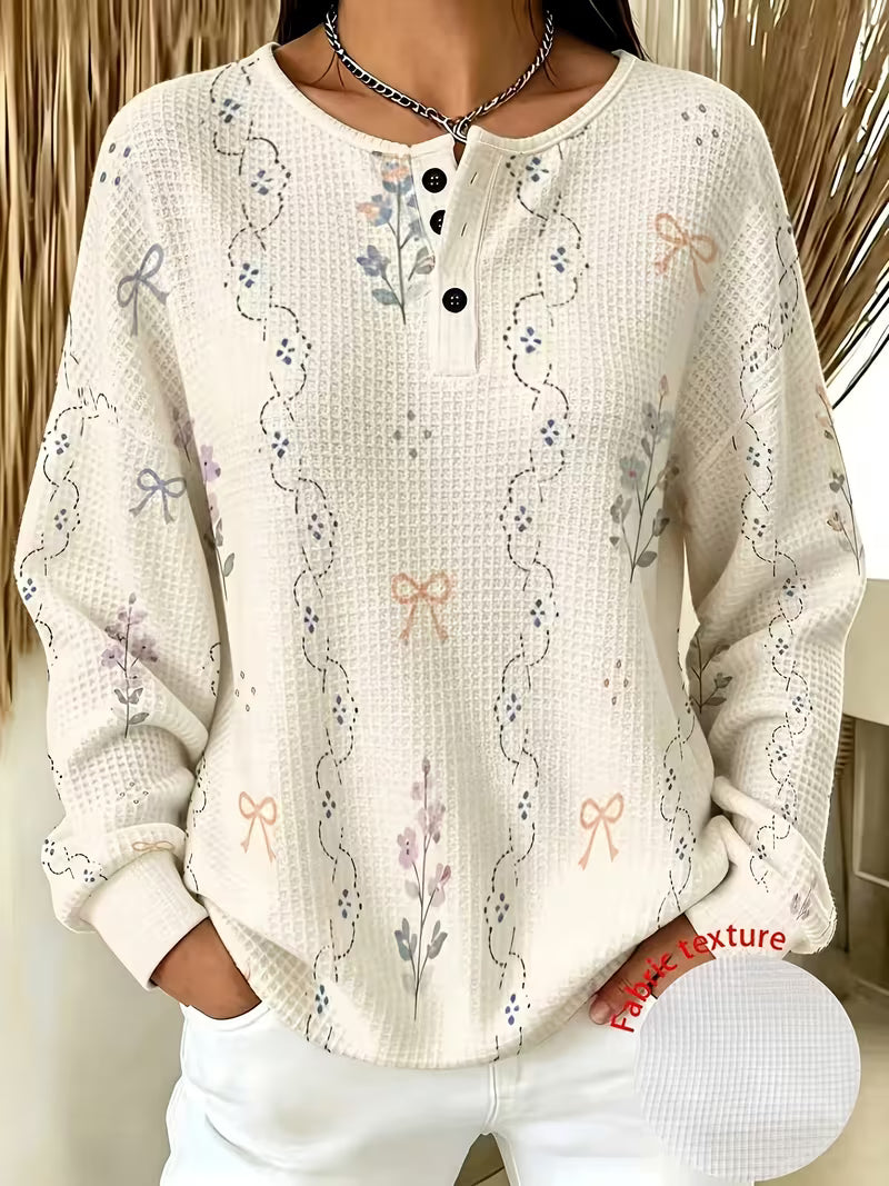 Plus Size Henley Collar Button-Up Half-Open Front Long Sleeve Top