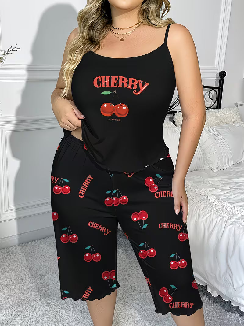 2pcs Plus Size Cherry Pajama Set