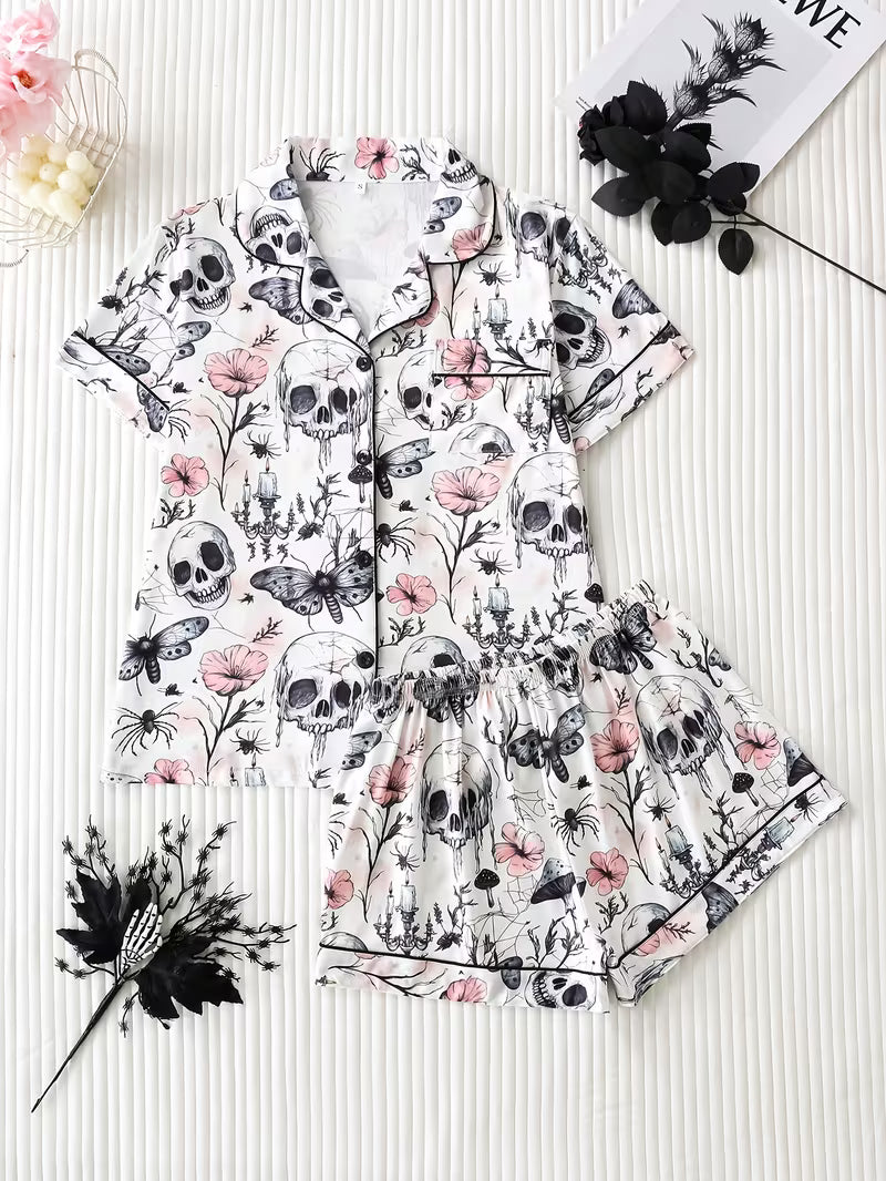 2pcs Gothic Style Skull Butterfly Floral Print Short Sleeve Women'S Pajamas