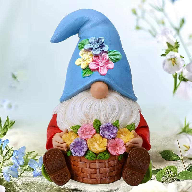 Outdoor Gnome Statue with a Flower Basket