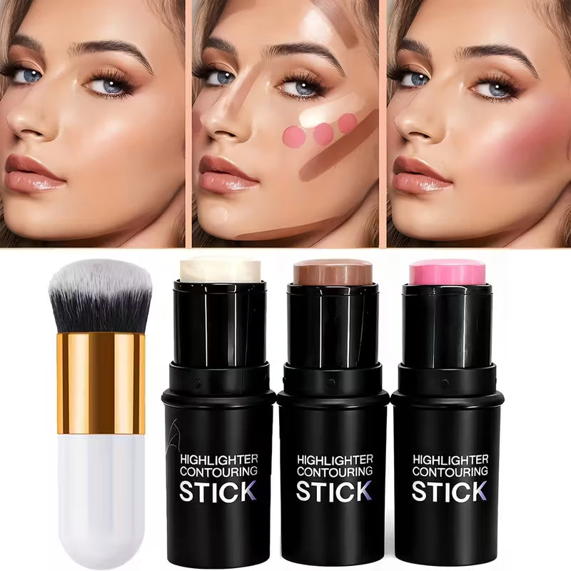 4pcs Contour Stick Set with Highlighter, Blush, Bronzer & Golden Powder Brush