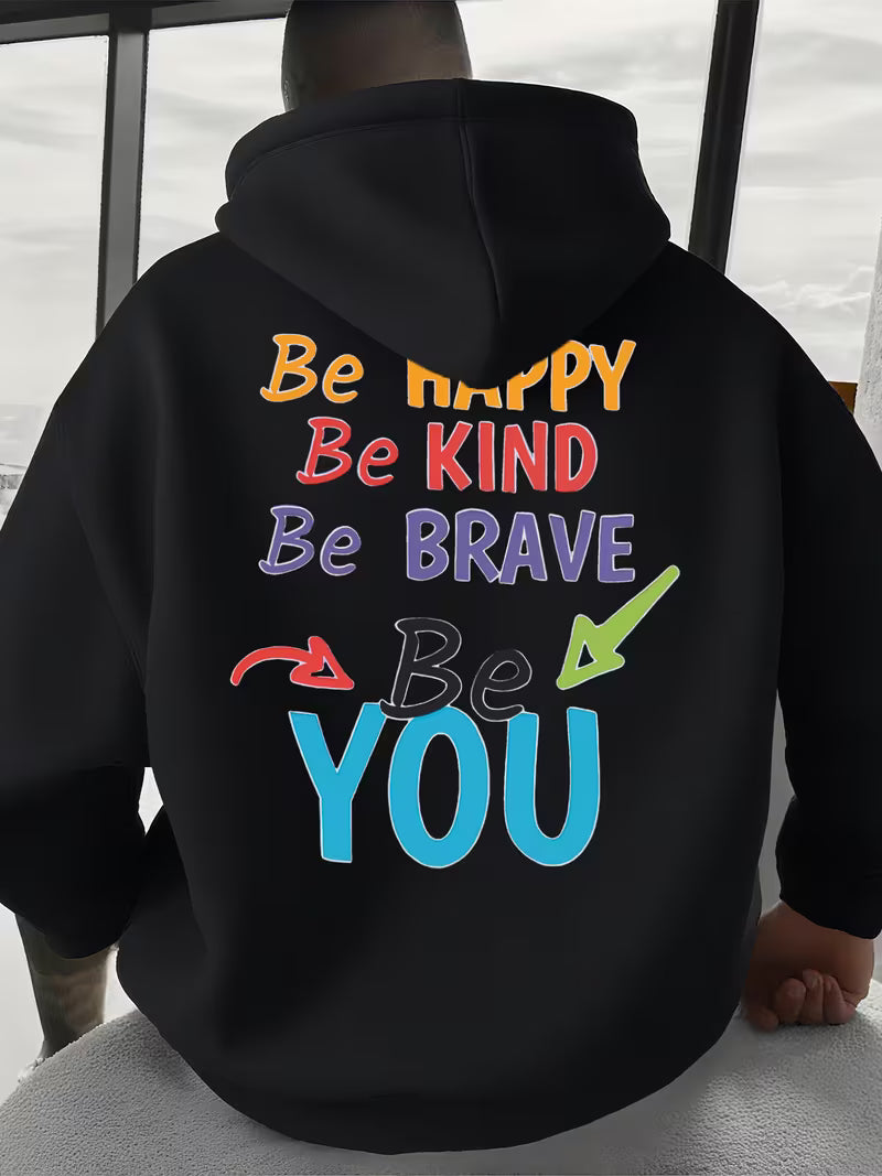 Men's Fleece-Lined Plush Hooded Sweatshirt with Motivational Slogan Back Print