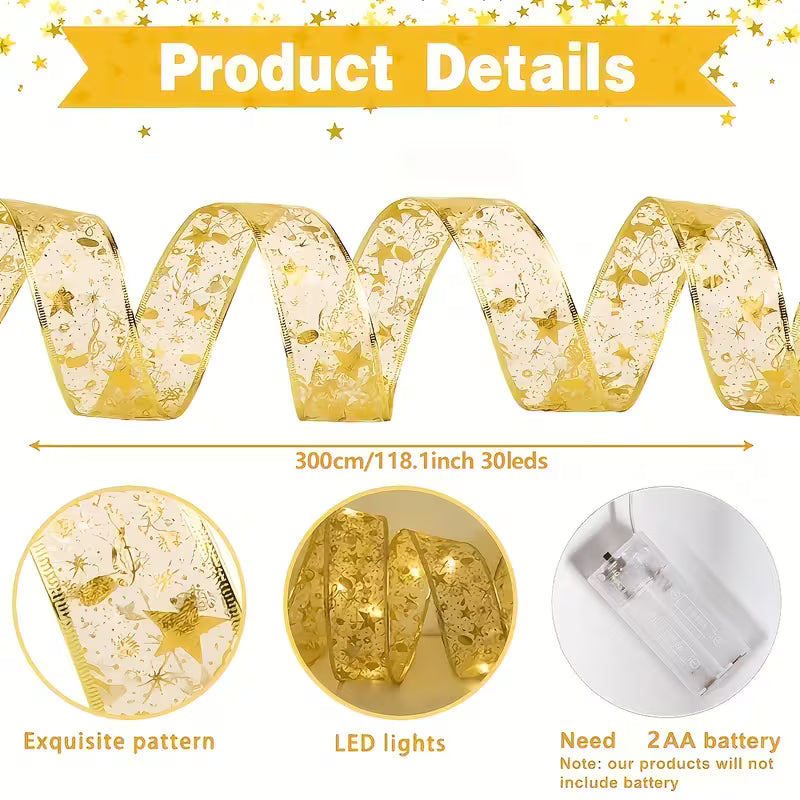 Gorgeous 300cm/118.1inch 1pc 30leds Glitter Golden Ribbon LED Fairy Lights