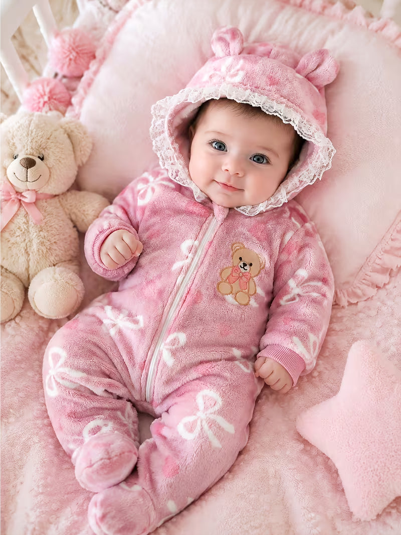 Baby Girl Autumn Winter Bear Embroidery Fleece Hooded Romper