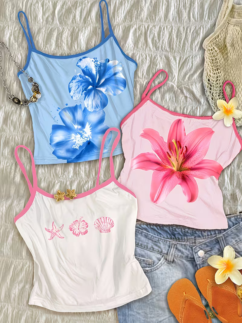 3 PC Tropical Floral Beach Theme Pattern Thin Strap Tank Tops