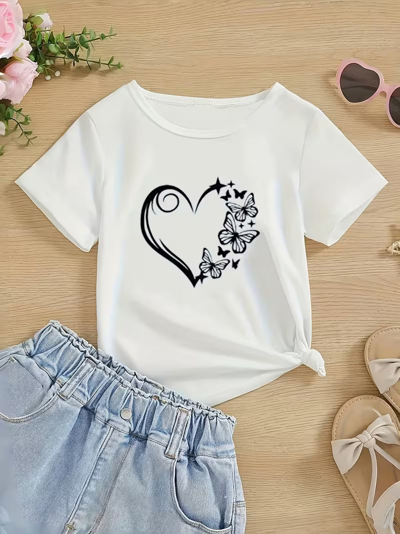 Casual T-Shirt with Heart And Beautiful Butterfly Print