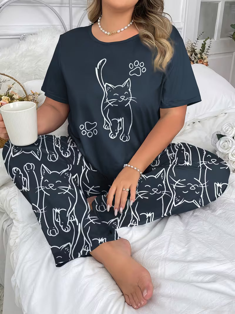Plus Size Women's Cat Print Pajama Set