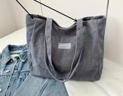 Trendy Corduroy Tote Bag With Front Pocket