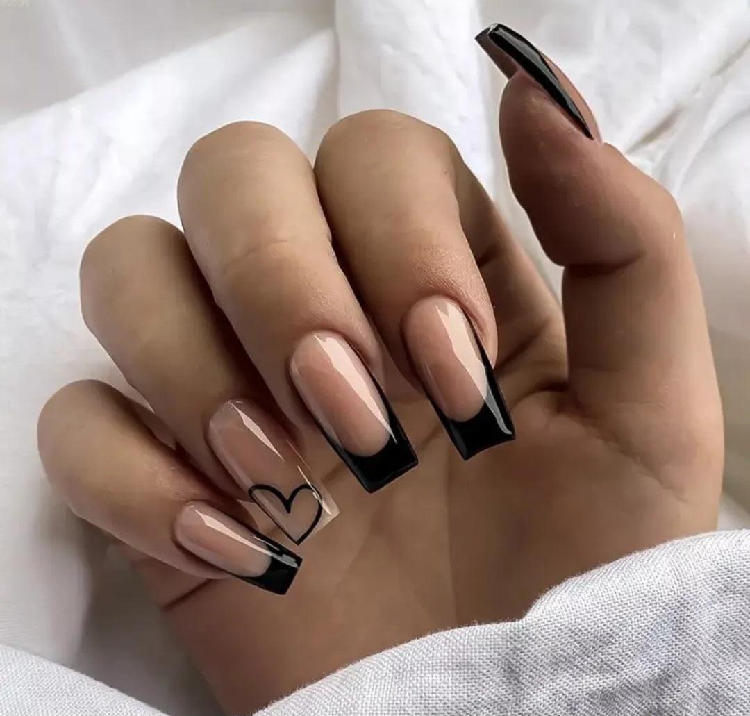 24 Pcs Long Nails With Black French Tip And Nude Polish Heart Accent