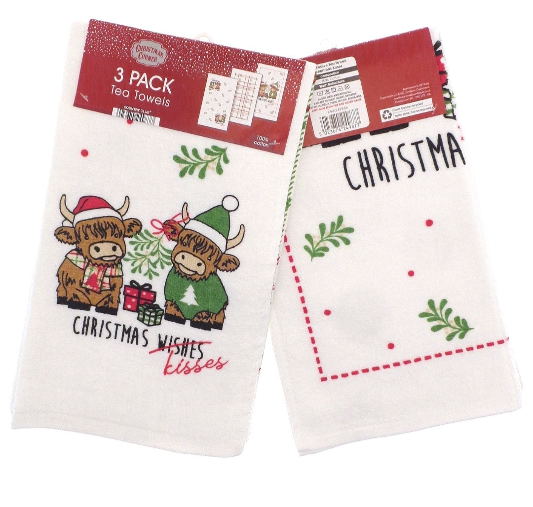 3 PK Highland Cow Christmas Kisses Kitchen Tea Towels
