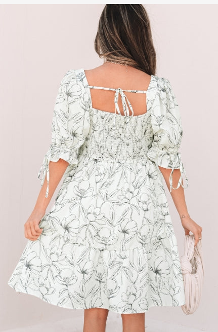 Beige Floral Print Square Neck Mini Dress