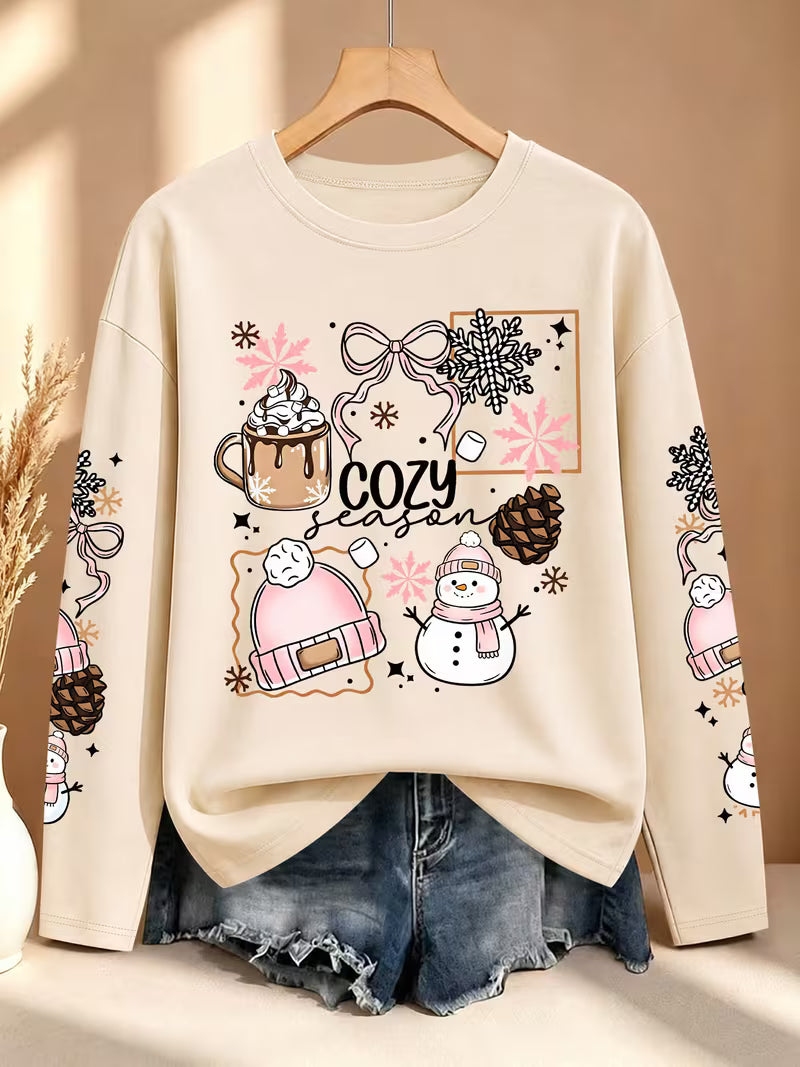 Plus Size Women'S Hot Cocoa Snowflake Snowman Pinecone Multi-Sleeve Printed Long Sleeve Top
