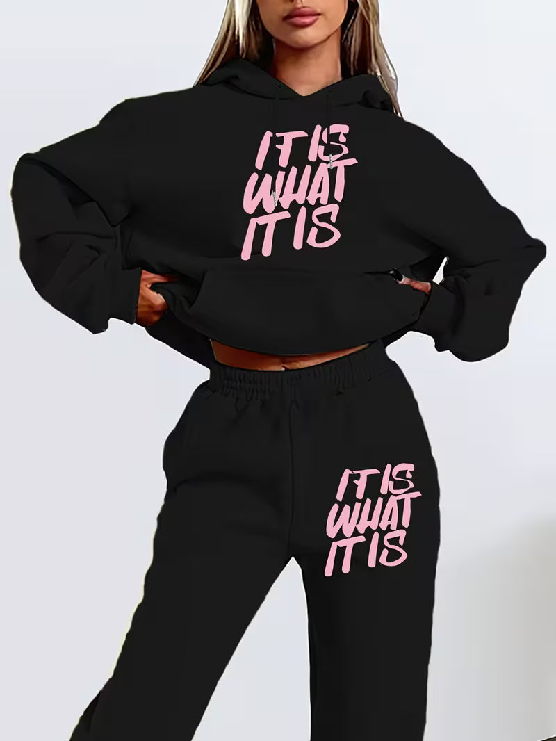 Womens "Is What It Is" Letter Print Hoodie & Sweatshirt Set
