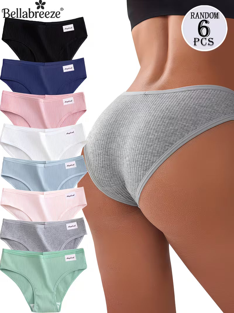 6pcs Rib- Solid Color Underwear