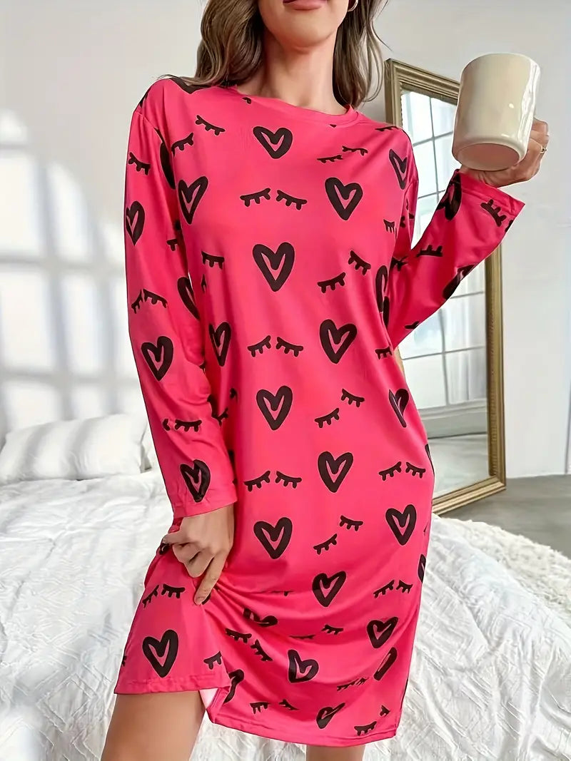 Cozy Women's Casual Heart Print Long Sleeve Night Dress