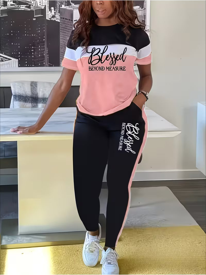 Women's 2pcs Set-Casual Color-Block "Blessed" Pattern T-Shirt And Pants