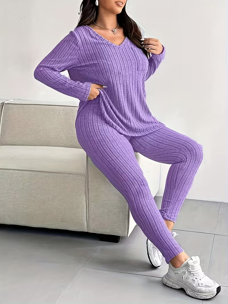 Plus-Size Casual Textured Striped V-Neck Top And Pants Set