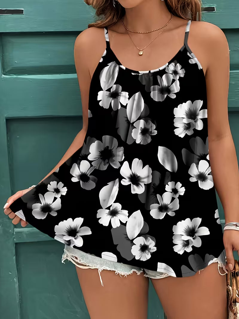 Plus Size Sleeveless Blouse and Vest with Floral Print