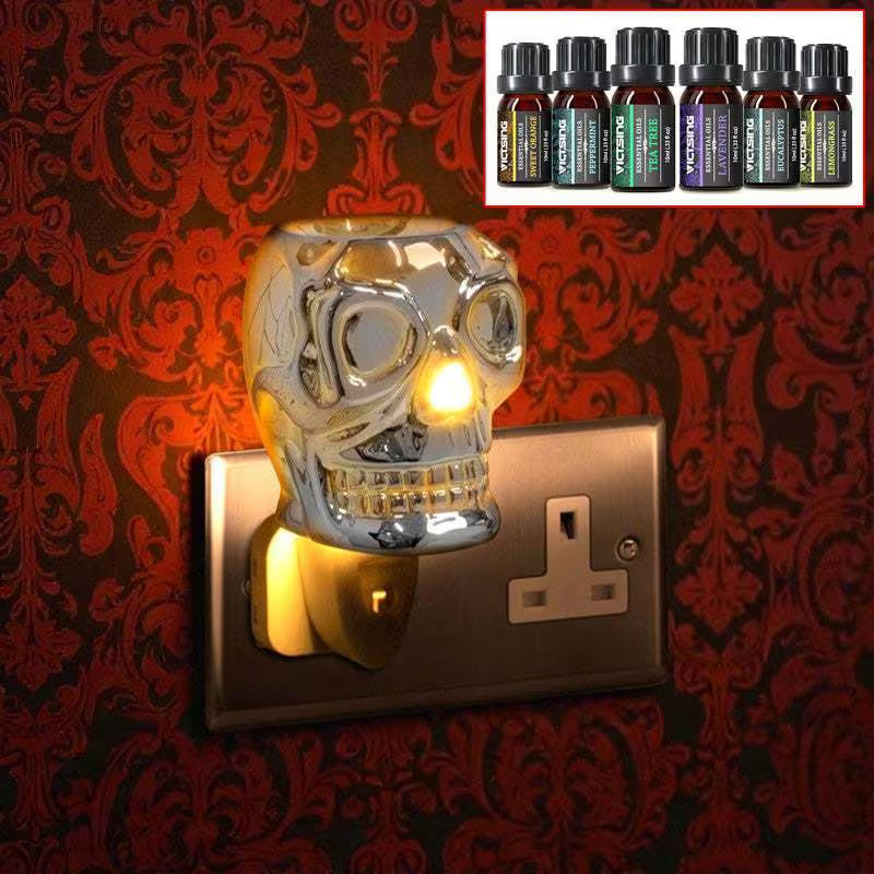 Skull Design Electric Plug-in Aroma Diffuser Oil Burner Wax Warmer + 6 Assorted Essential Oils
