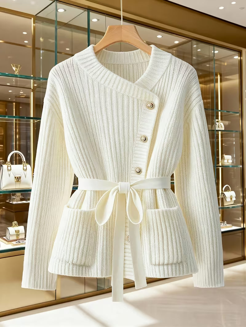 Plus Size Ribbed Cardigan with Diagonal Button Placket