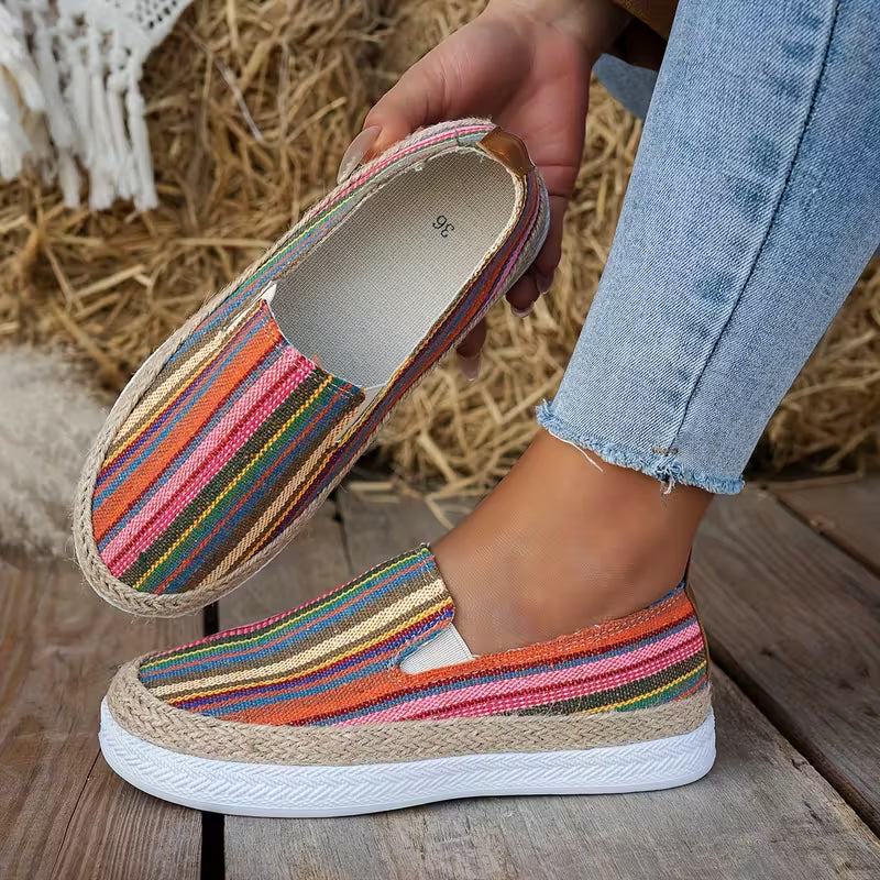 Women's Colorful Striped Country Style Straw Flats