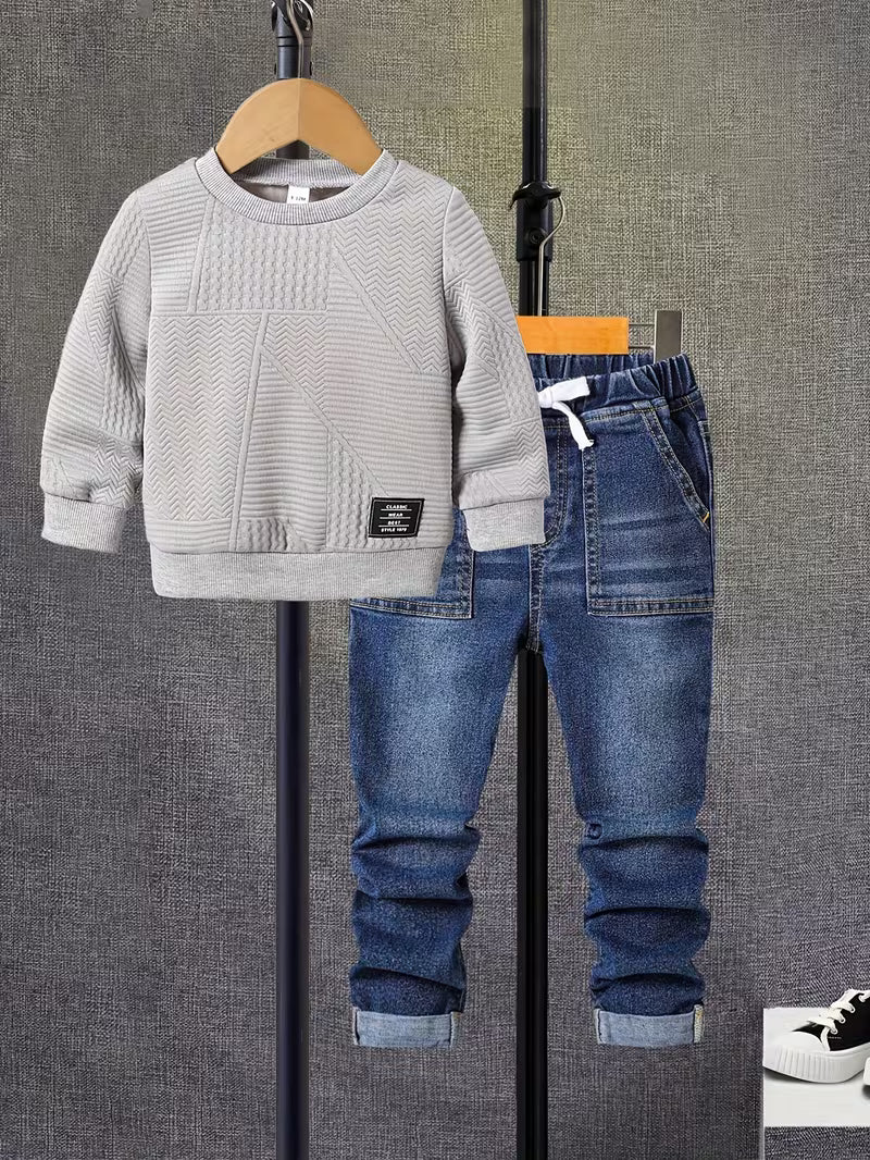 Boys Long-Sleeved Geometric Textured Round Neck Sweatshirt And Stretch Jeans