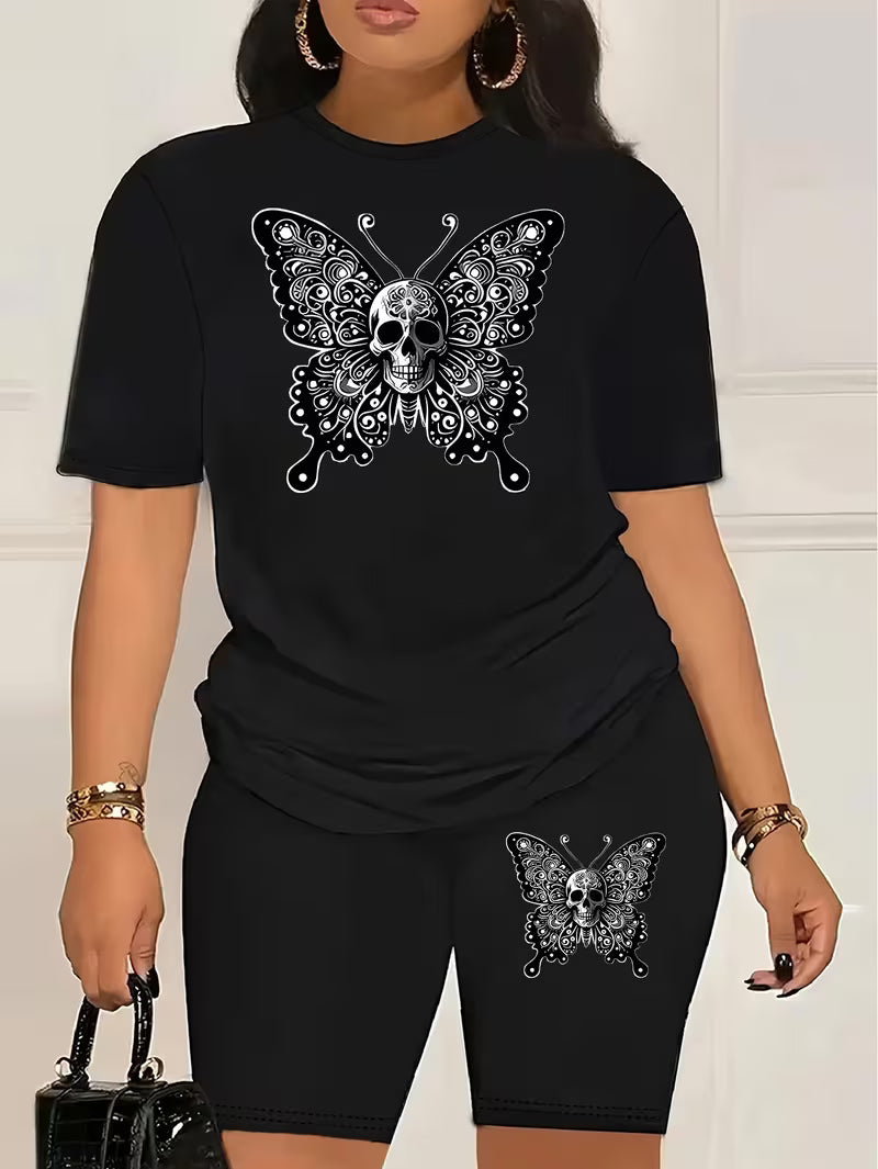 Plus Size Short Sleeve T-Shirt and Pants Set with Artistic Skull Butterfly Graphic Letter Print