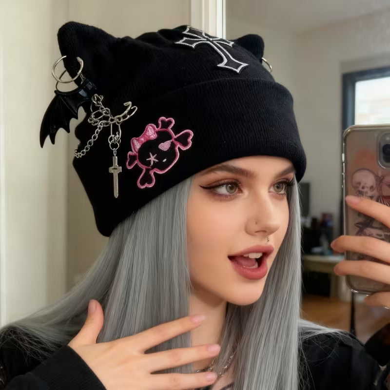 Gothic Punk Cat Ear Beanie Hat with Cross & Skull Charm