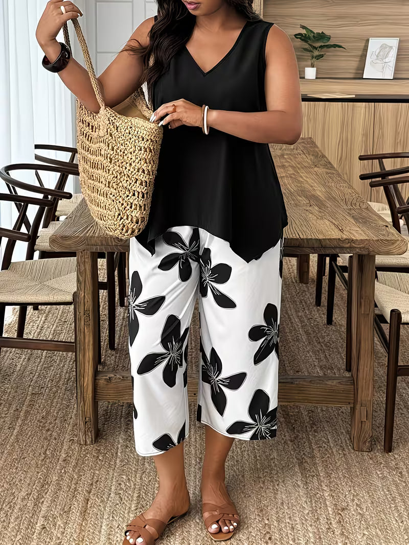 Plus Size 2pcs Sleeveless Casual Floral Print Holiday Set