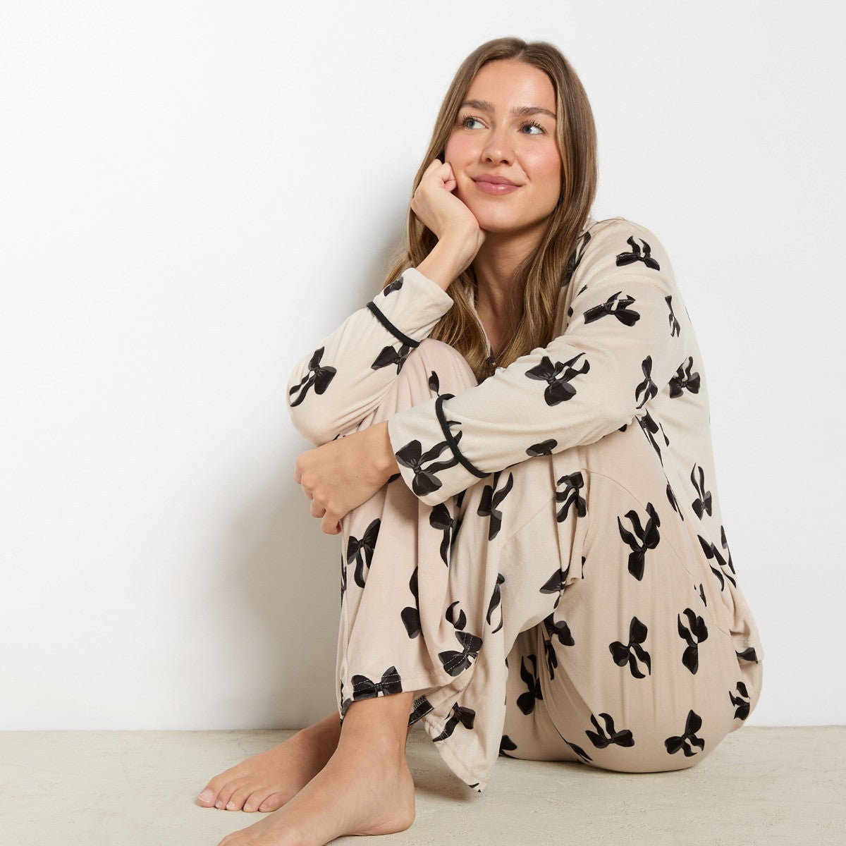 Bow Print Button Through Pyjama Set - Monochrome