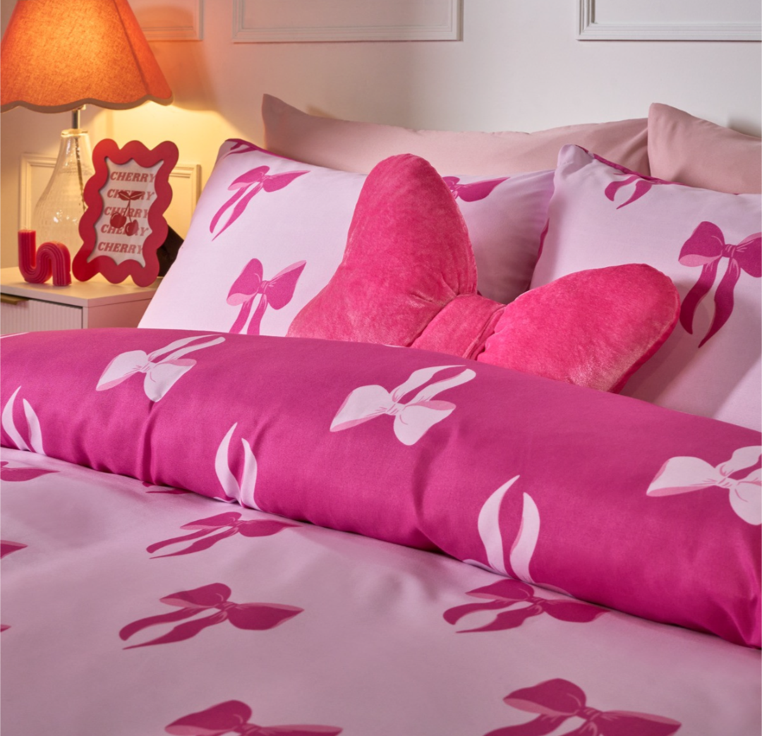 Reversible Bow Print Duvet Set - Pink/Hot Pink