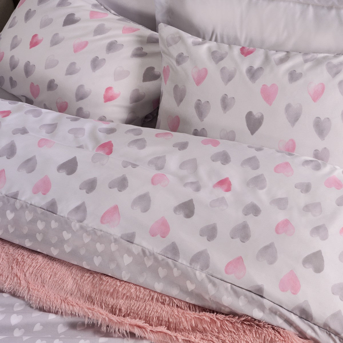 Heart Print Reversible Watercolour Duvet Cover Set - Pink/Grey