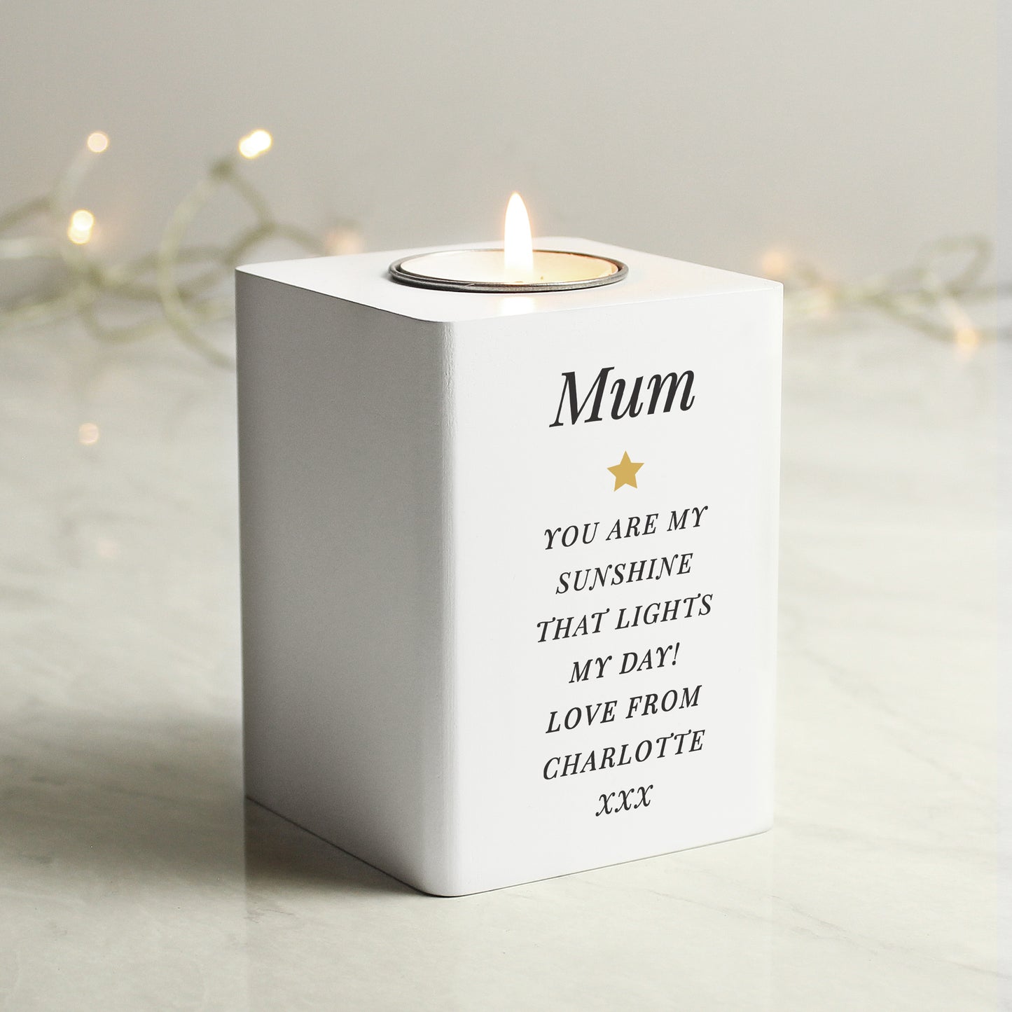Personalised Free Text White Wooden Tea light Holder