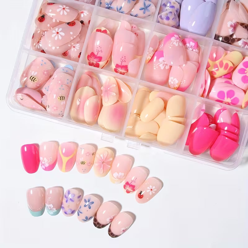 288PC Full Coverage Short Oval Nail Flower Simple Style Press-On Nails