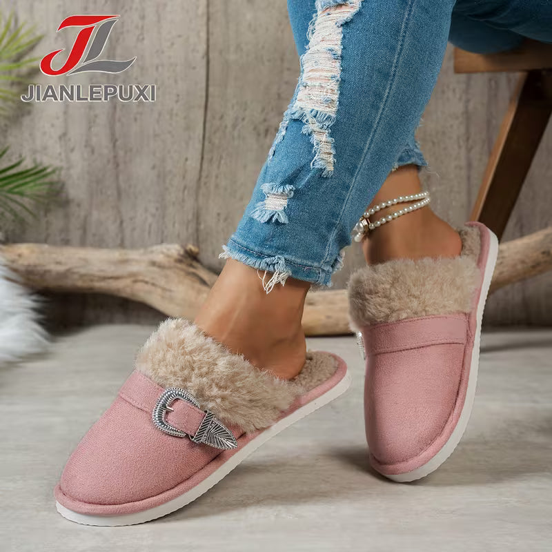 Buckle-Strap Fluffy Comfortable Indoor Slippers