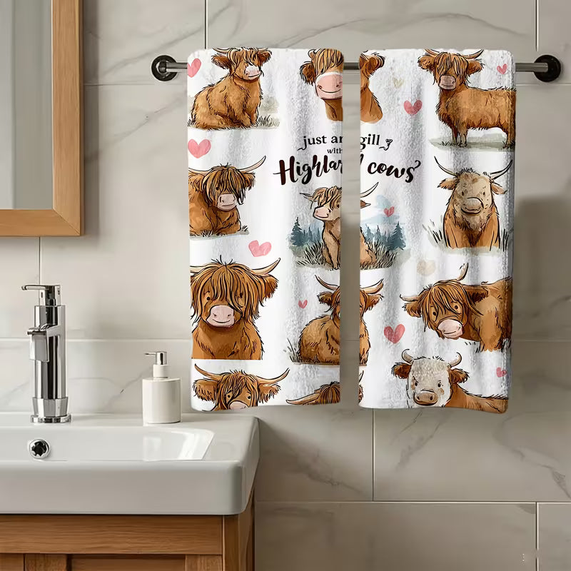 2pcs Hand-Painted Highland Cow Pattern Hand Towels