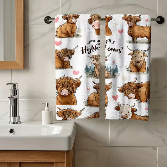 2pcs Hand-Painted Highland Cow Pattern Hand Towels
