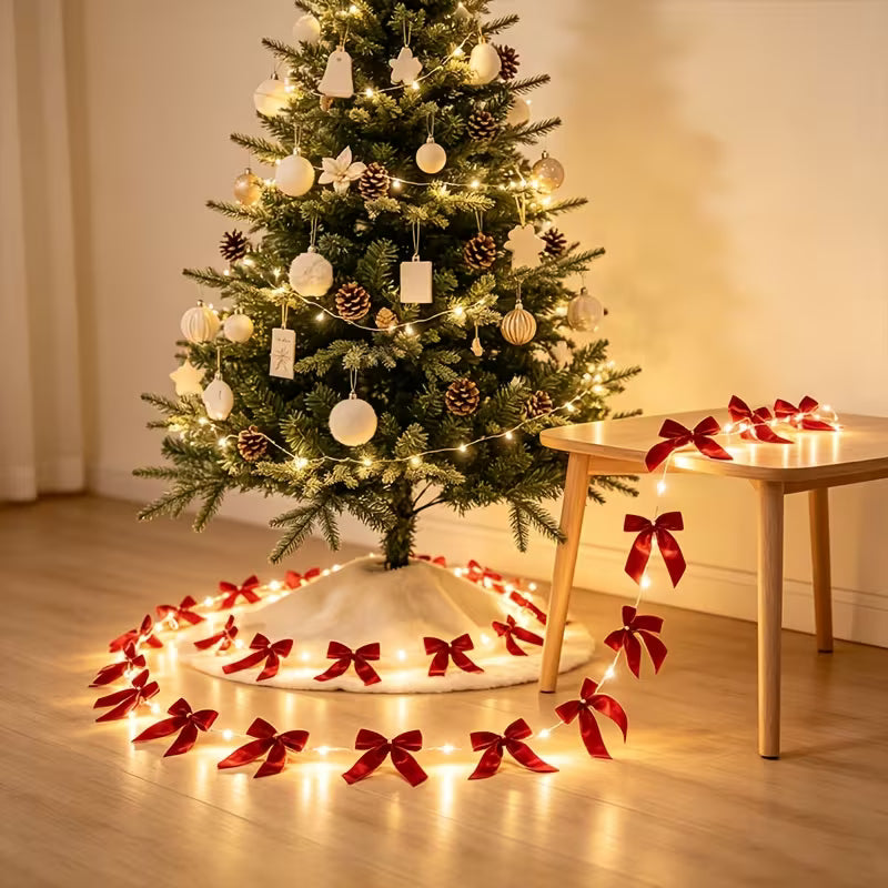 12pcs Red Velvet Bow with Fairy String Lights