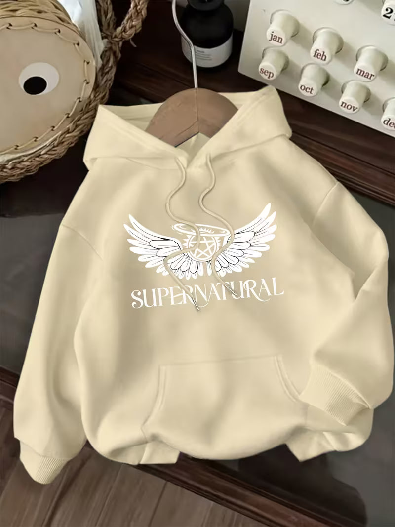 Women'S Casual Hoodie with Angel Wings & "SUPERNATURAL" Print
